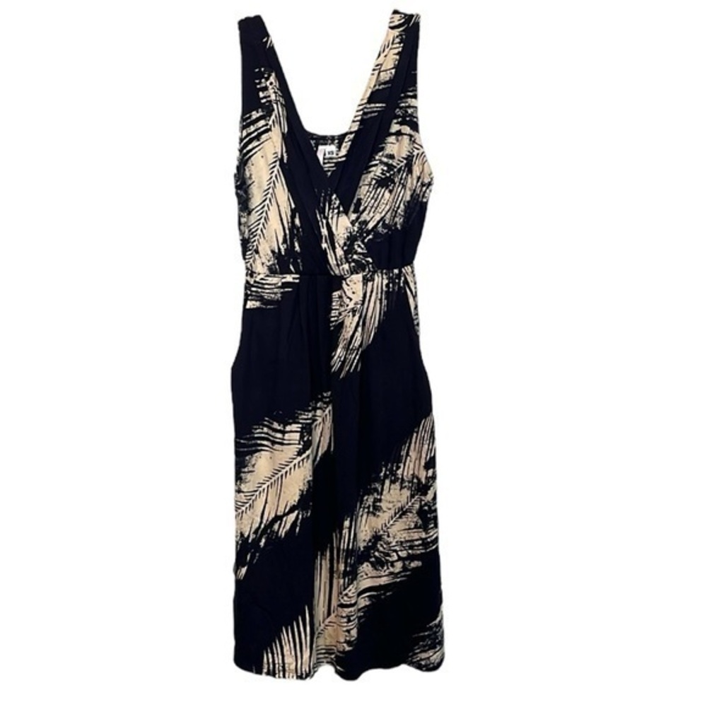 Nell Couture V Neck Mid Length Womens Dress Navy Blue with White Feathers XS